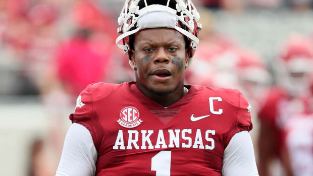 Razorbacks quarterback KJ Jefferson before game with Western Carolina in Little Rock